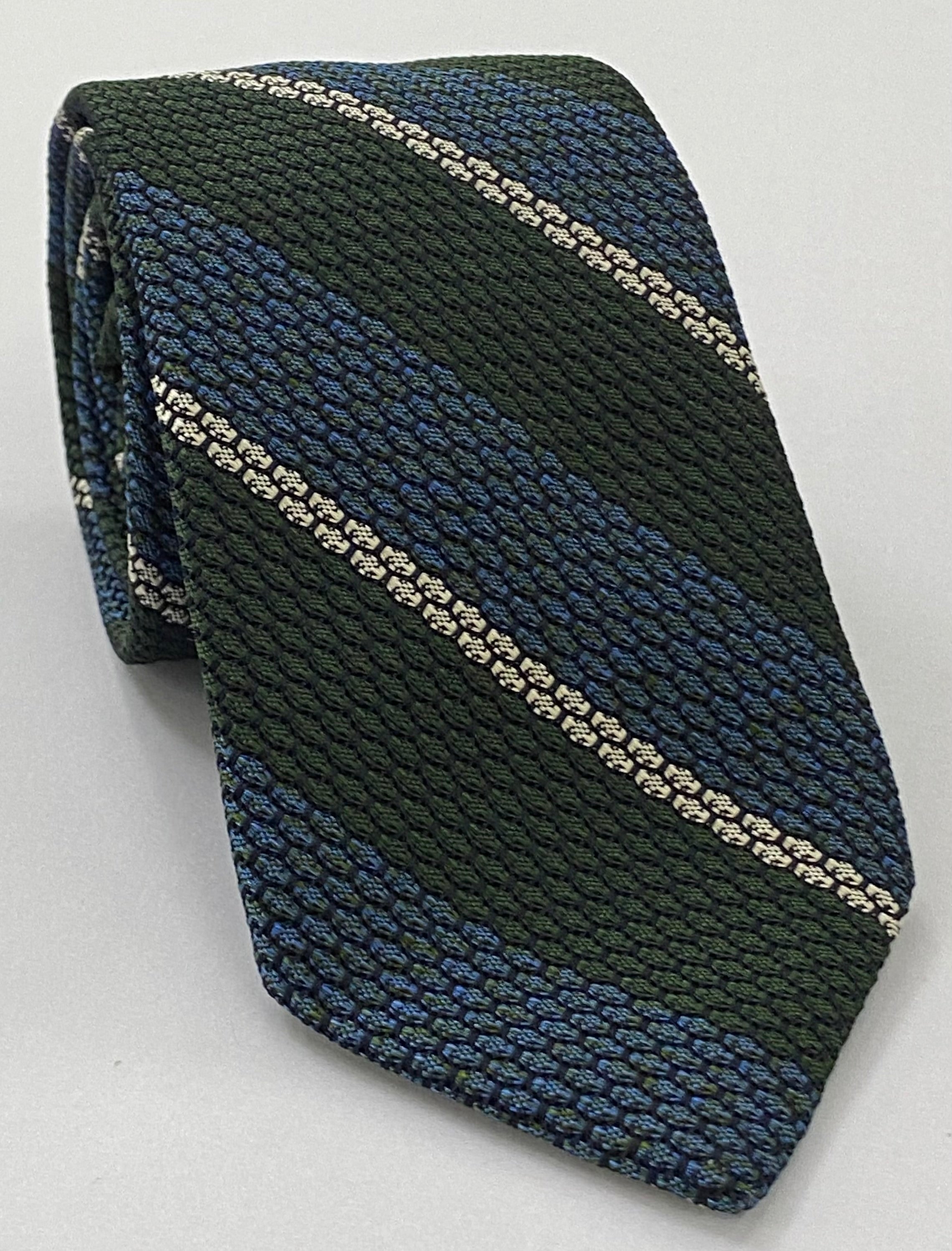 Sky Blue, Dark Olive Green & Off-White Classic Grenadine Grossa Stripe Silk Tie 9