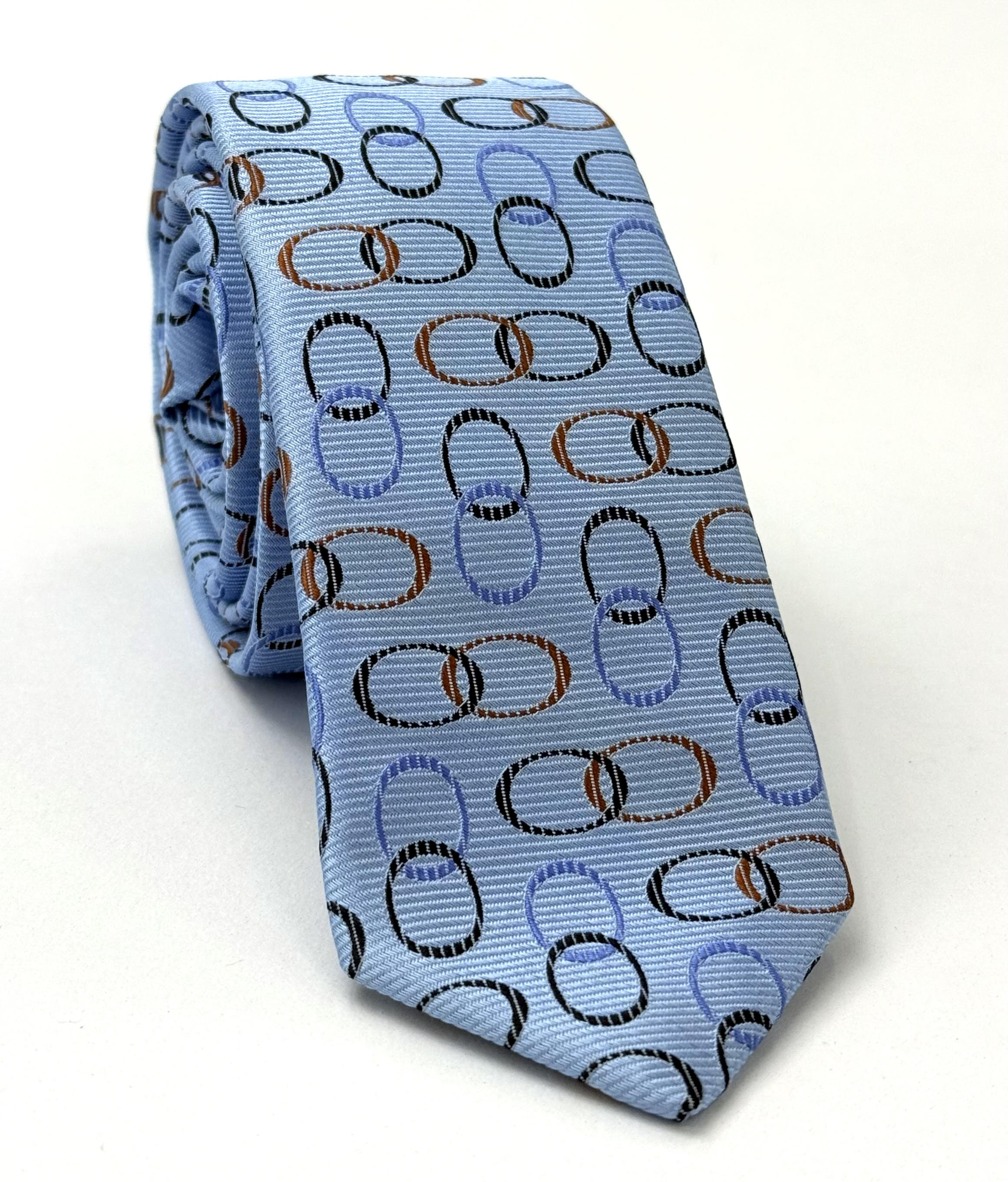 연하늘색 바탕의 검정 & 갈색 타원과 파란색 영국식 기하학 실크 넥타이 EGT-5