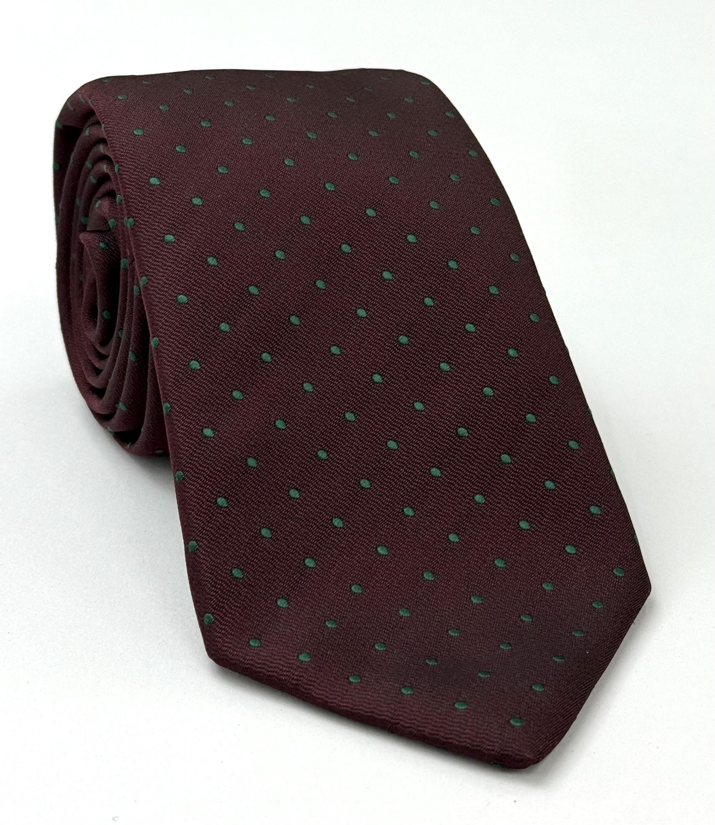 バーガンディのピンドットシルクネクタイ(グリーンドット) EPDT-7
