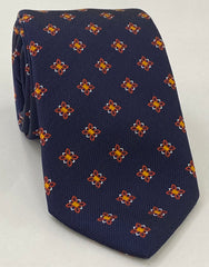 Burnt Orange, Yellow Gold & White Flower on Midnight Blue Silk Tie #28