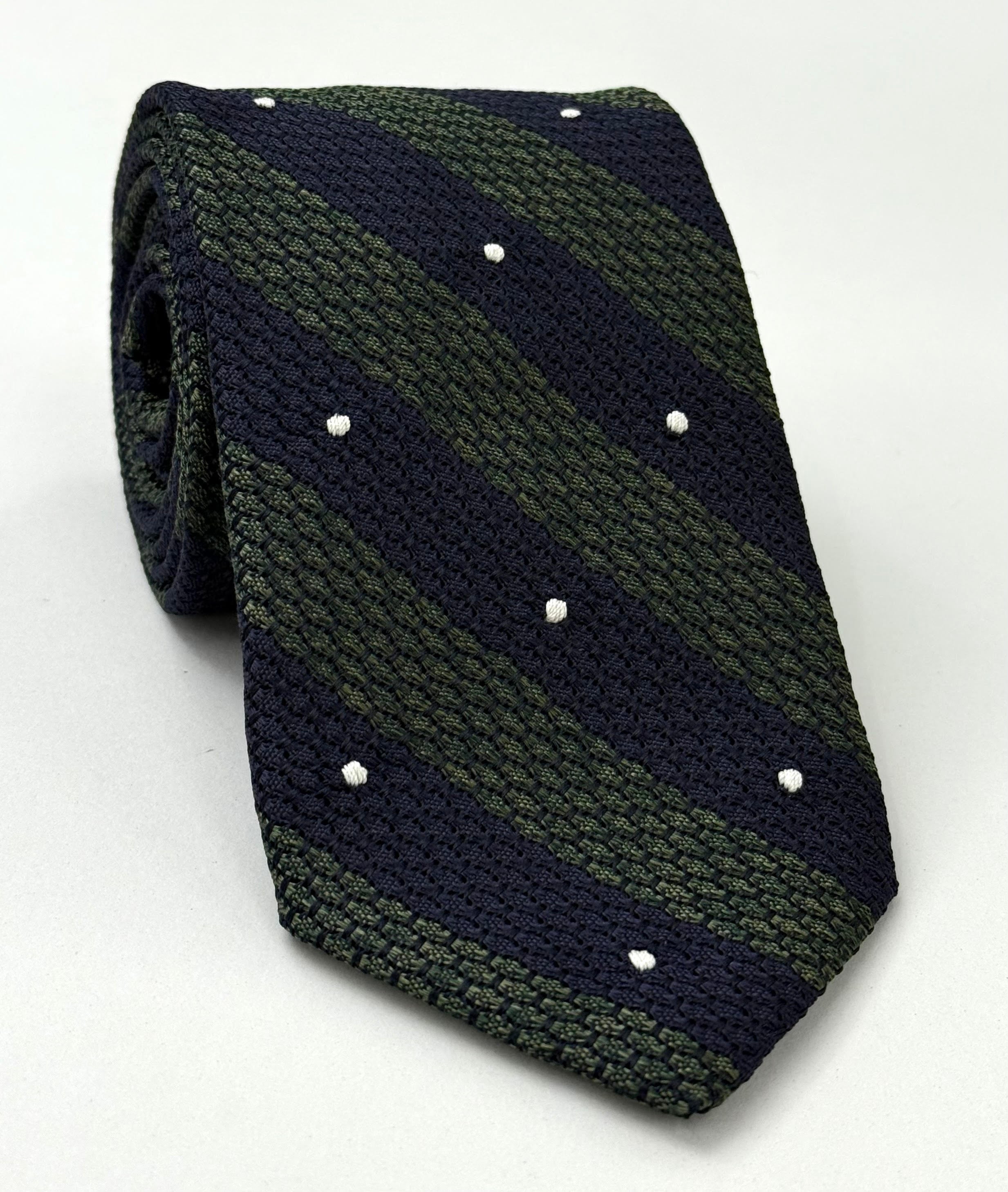 다크 올리브 그린 & 미드나잇 블루 그레나딘 그로사 와이드 스트라이프 화이트 (핸드 스티치) 핀 도트 실크 타이 GGBSDT-8 (1)