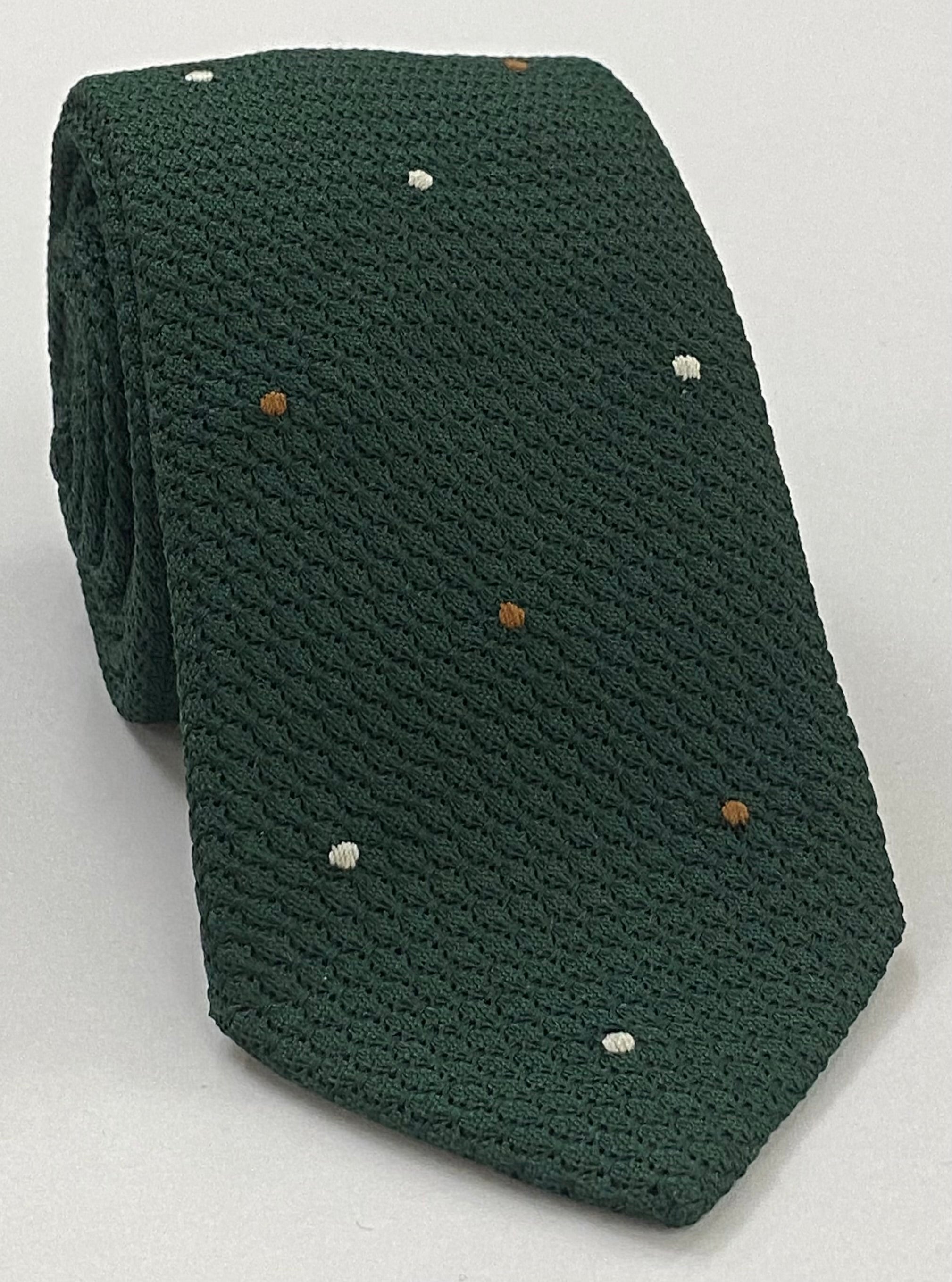 포레스트 그린 그레나딘 그로사, 초콜릿 & 실버 (31,2) - 핸드 쏜 핀 도트 실크 타이 GGDT-16