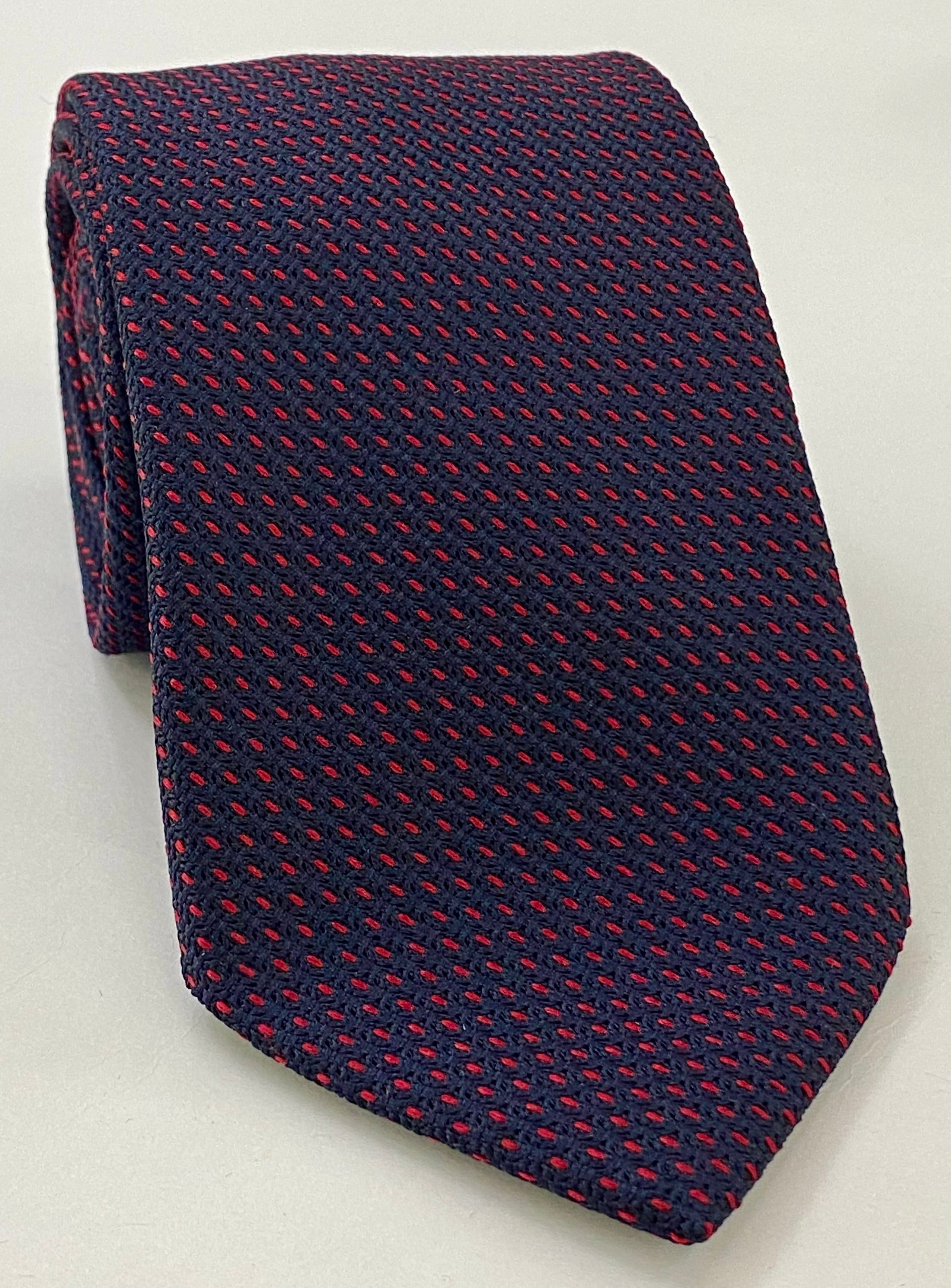 ミッドナイトブルーに鮮やかな赤のグレナディンピンドットシルクネクタイ GGPDT-2