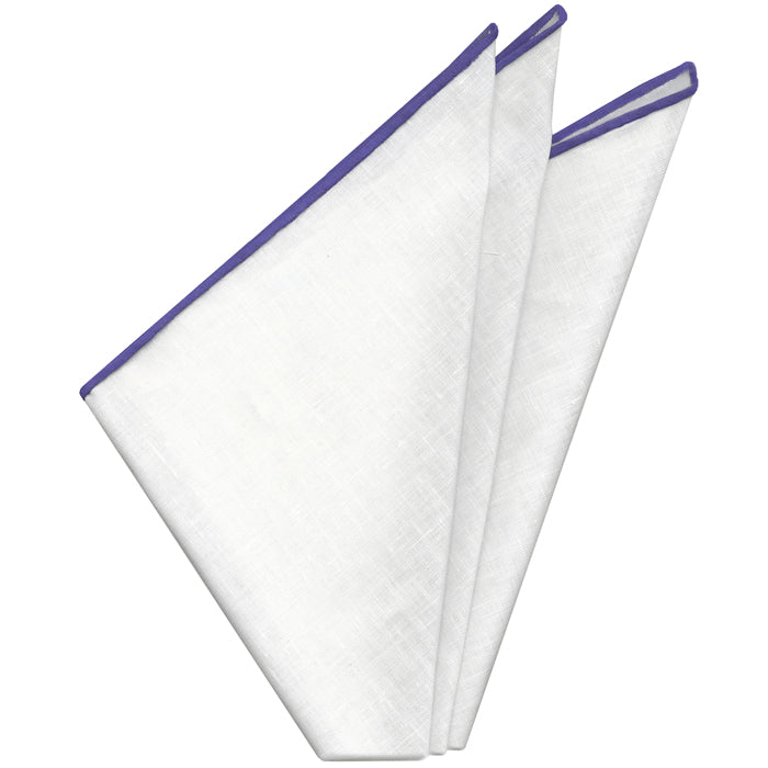 White with Bluish Purple Contrast Edges Belgian Linen Pocket Square