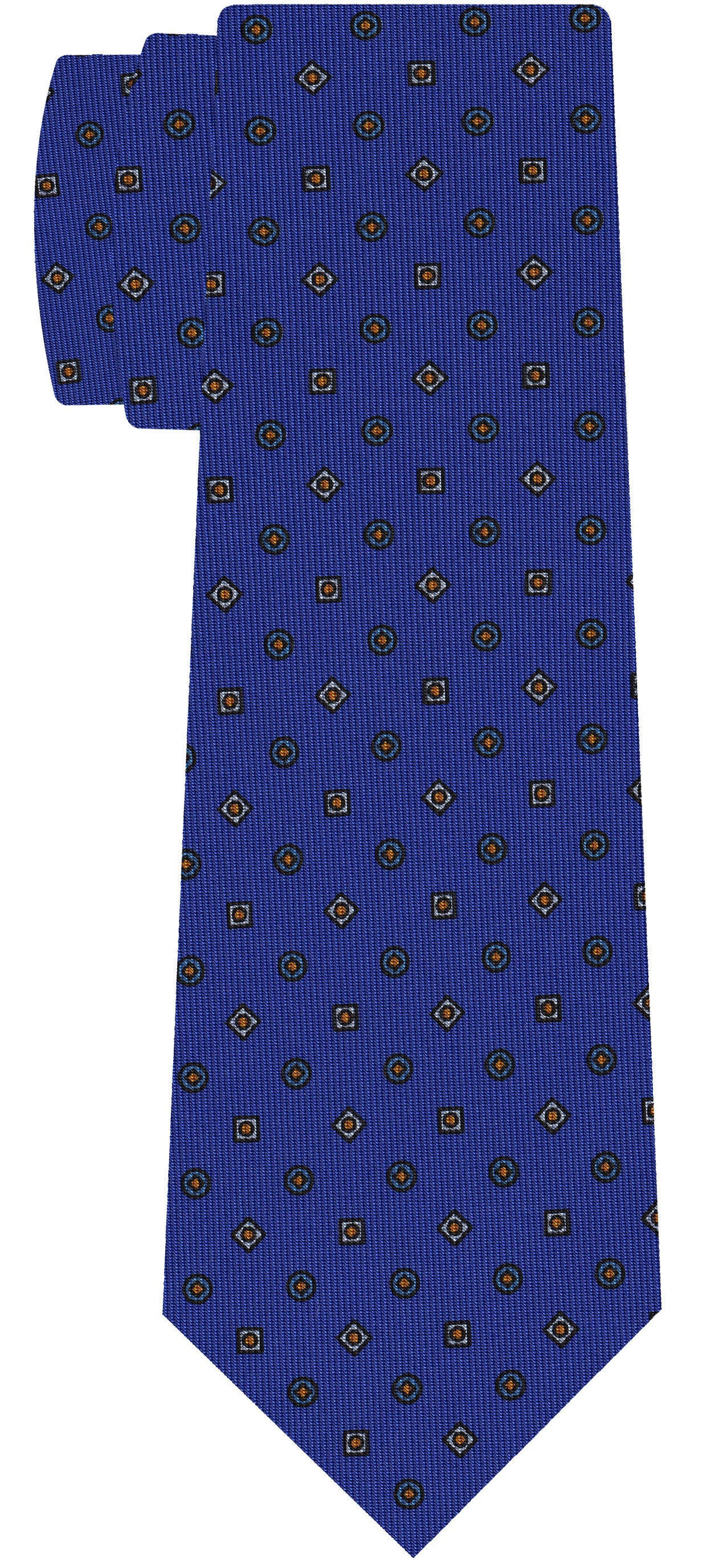 ロイヤルブルーのマクルズフィールドプリント柄シルクネクタイ(スカイブルー、ホワイト、バーントオレンジ) #MCT-552