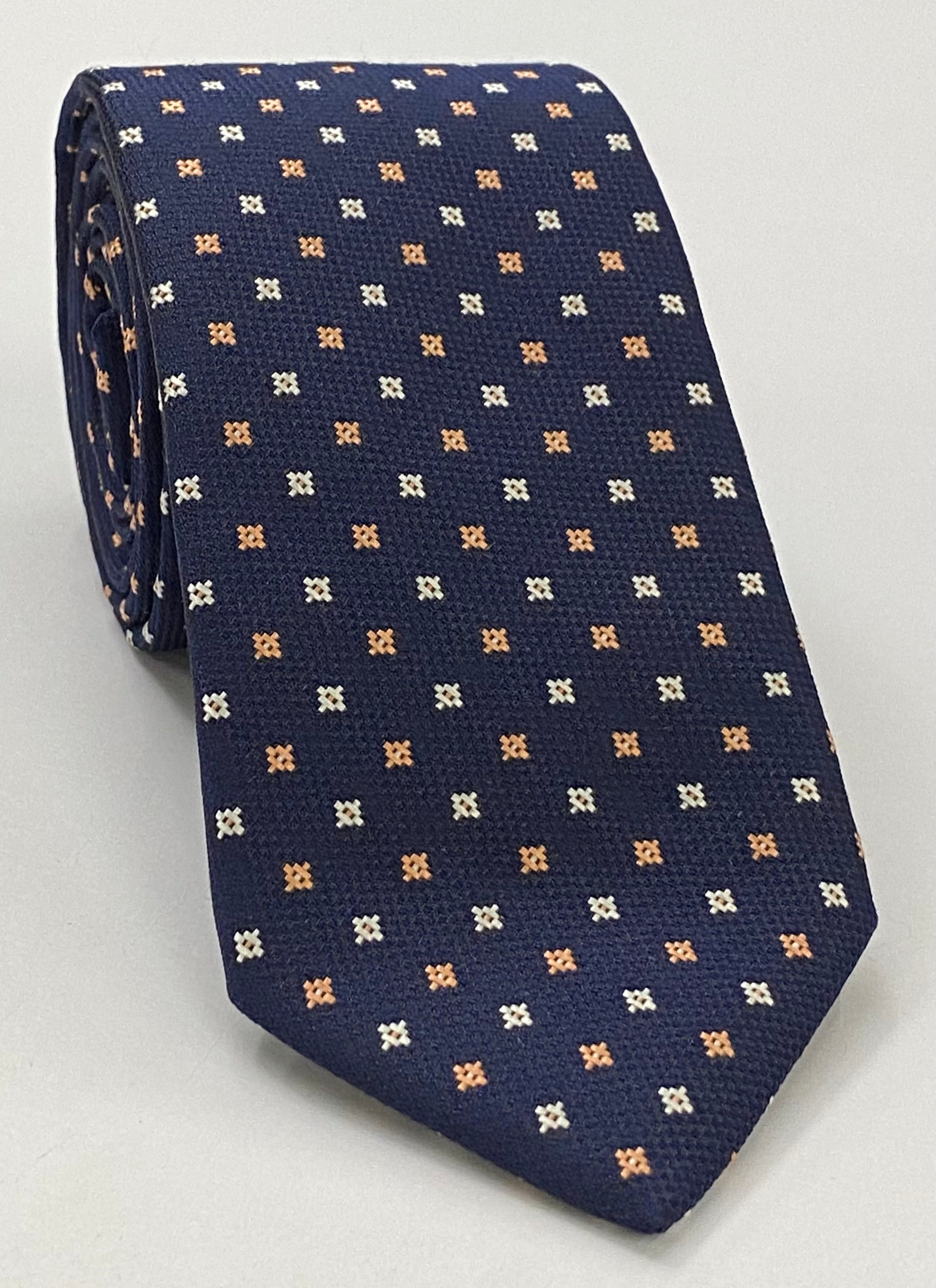 연어색 & 화이트 다크 네이비 블루 모가도르 패턴 실크 타이 4