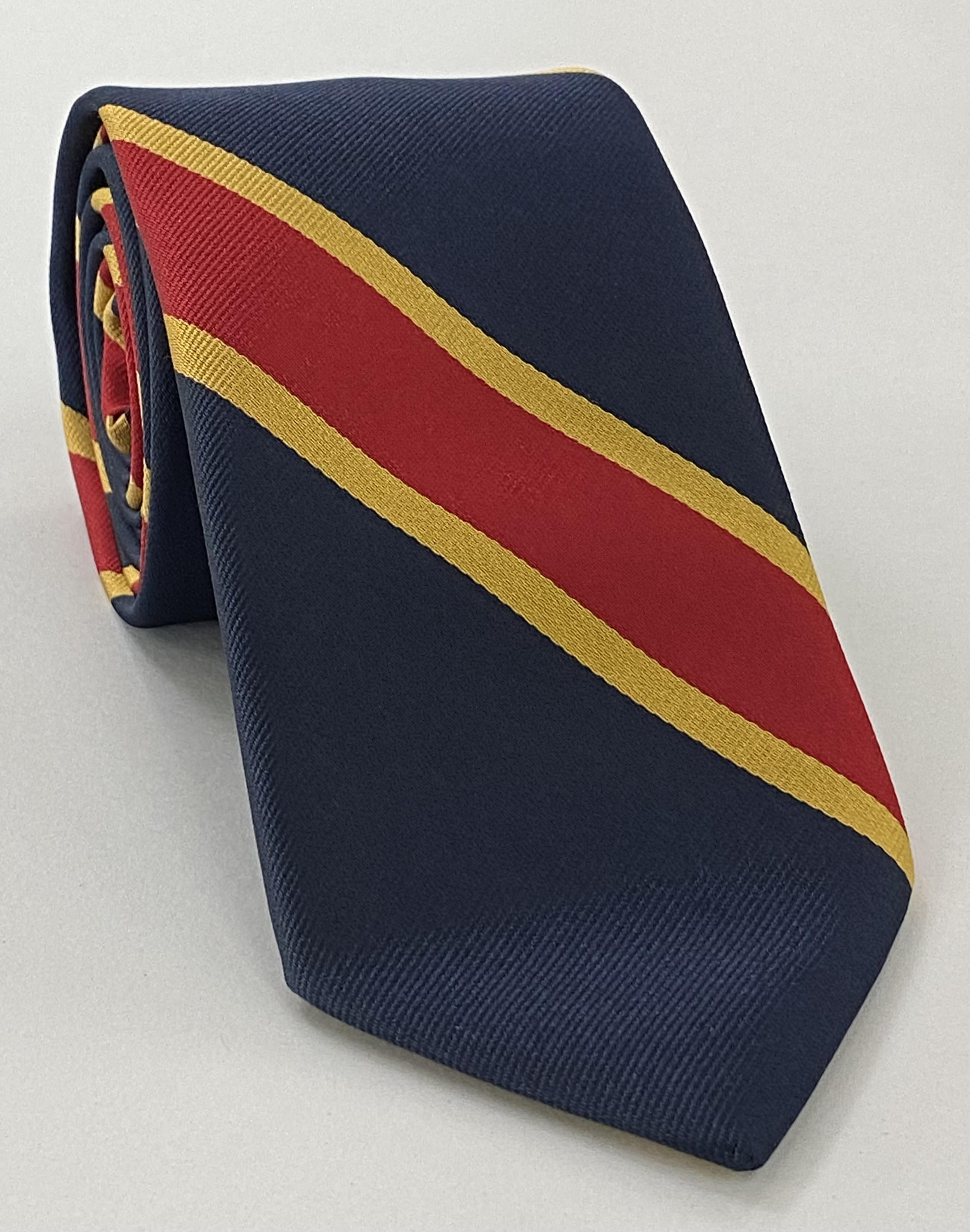 네이비 블루 바탕의 레드 & 옐로우/골드 트래드 스페셜 스트라이프 실크 타이 RST-2