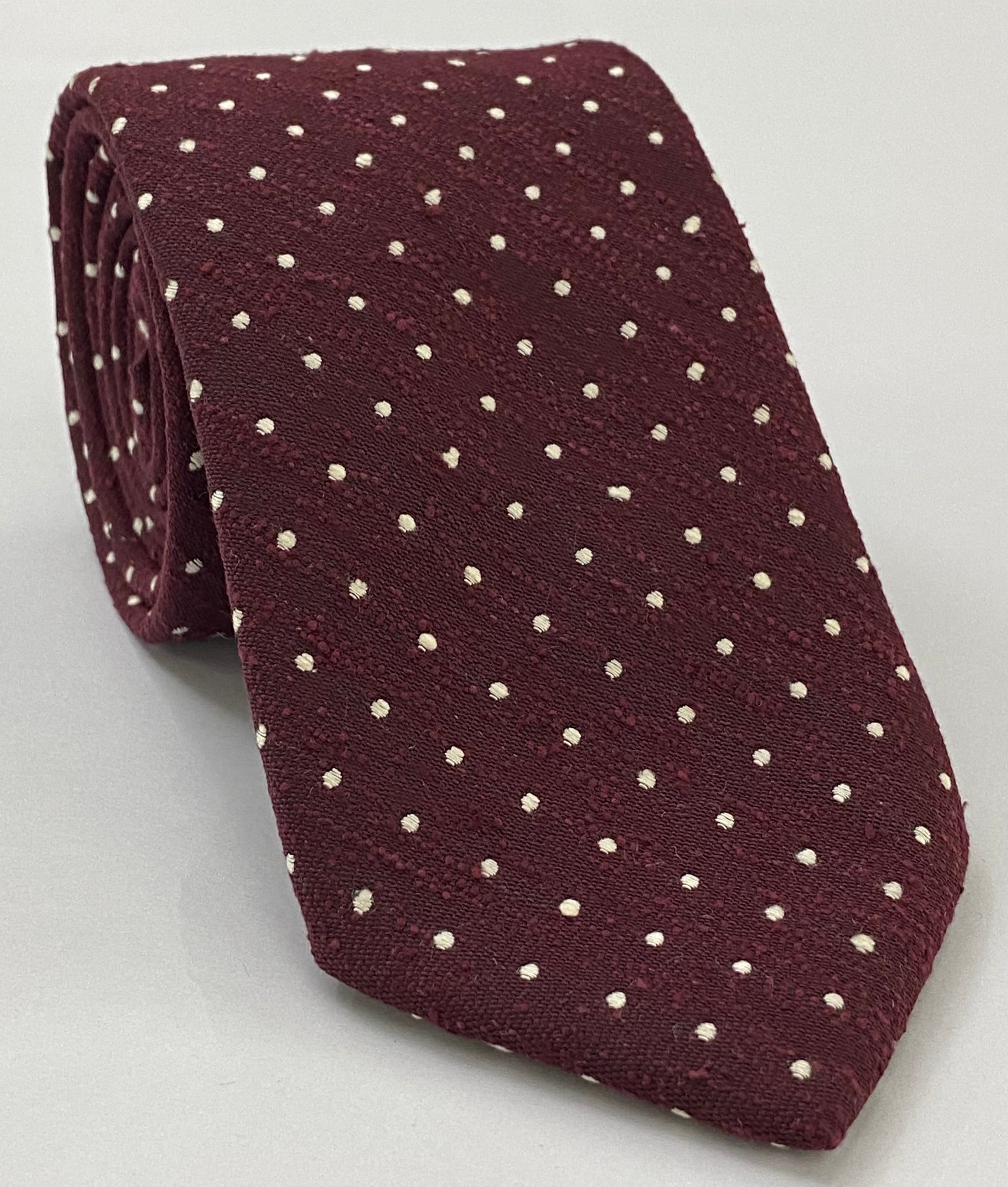 バーガンディのシャンタンピンドットシルクネクタイ SHPDT-2