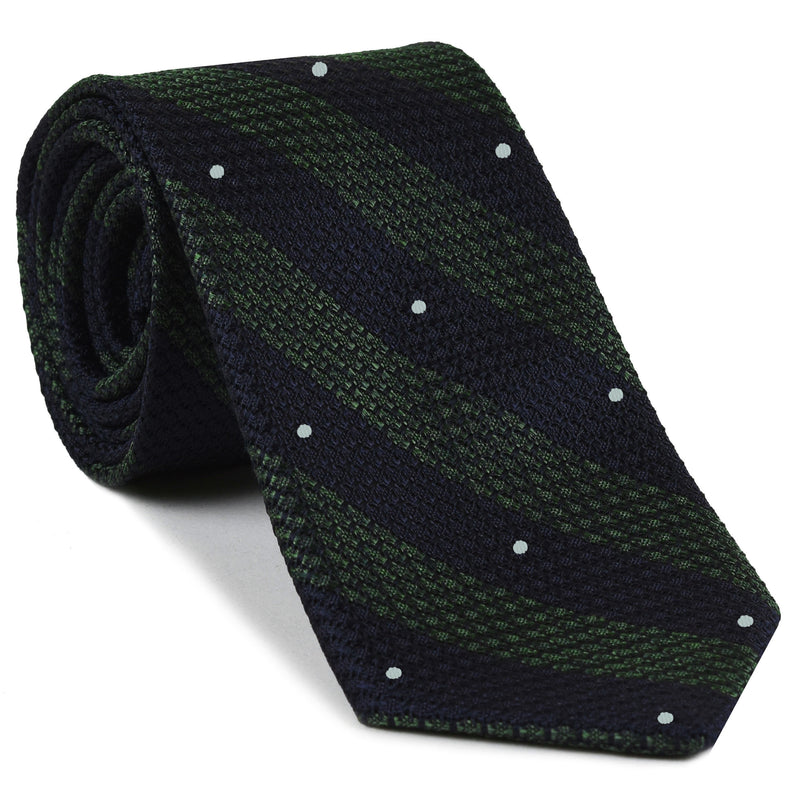 グレナディン・グロッサ ワイドストライプ（手縫い） ピンドット シルクネクタイ