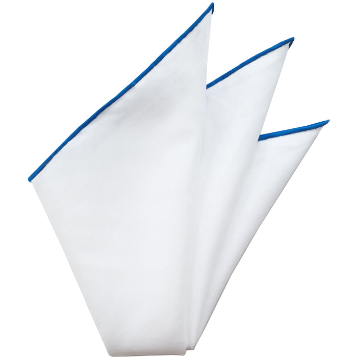 {[en]:Natural White Linen/Cotton With Navy Blue Contrast Edges Pocket Square