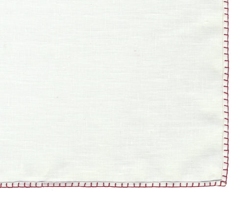 Belgian White Linen Pocket Squares with Burgundy Hand Sewn Decorative Flat Edges