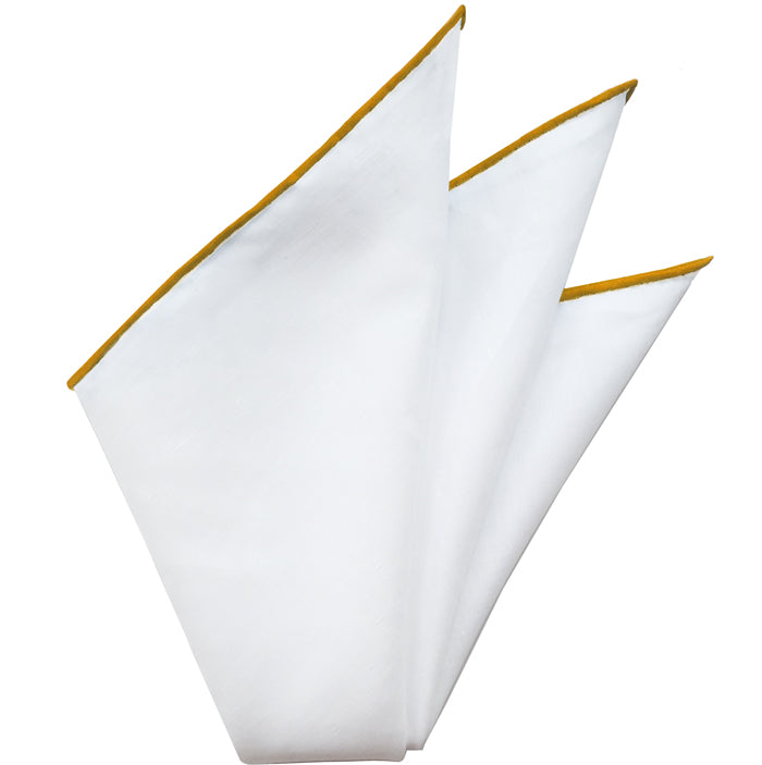 {[en]:Natural White Linen/Cotton with Tangerine Contrast Edges Pocket Square