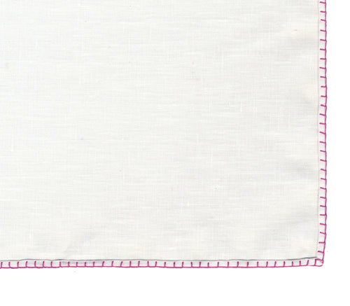 Belgian White Linen Pocket Squares with Pink Hand Sewn Decorative Flat Edges