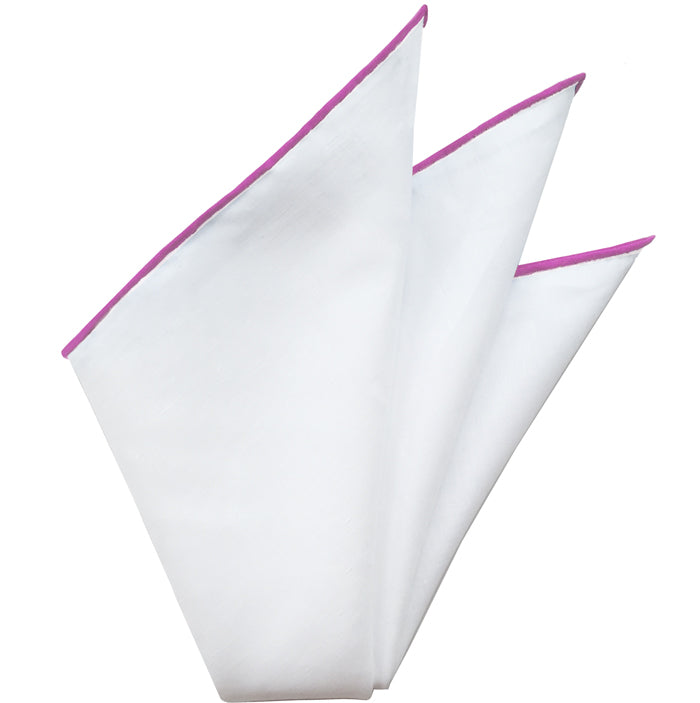 {[en]:Natural White Linen/Cotton with Fuchsia Contrast Edges Pocket Square