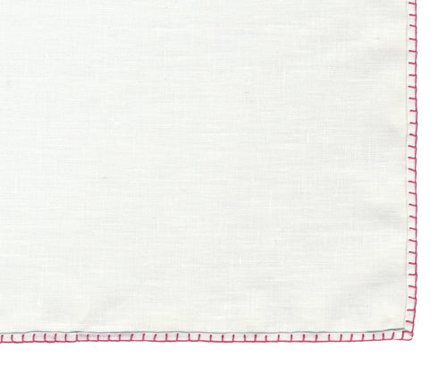 Belgian White Linen Pocket Squares with Dark Pink Hand Sewn Decorative Flat Edges