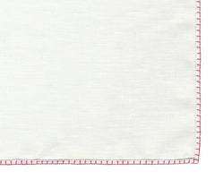 Belgian White Linen Pocket Squares with Dark Pink Hand Sewn Decorative Flat Edges