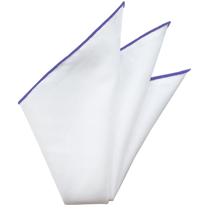 {[en]:Natural White Linen/Cotton with Bluish Purple Contrast Edges Pocket Square