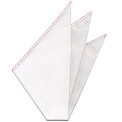 Belgian White Linen Pocket Squares with Dark Pink Hand Sewn Decorative Flat Edges