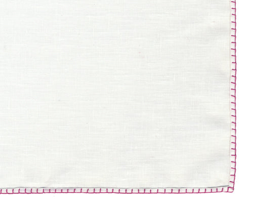 Belgian White Linen Pocket Squares with Fuchsia Hand Sewn Decorative Flat Edges