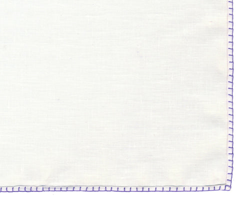 Belgian White Linen Pocket Squares with Lavender Hand Sewn Decorative Flat Edges