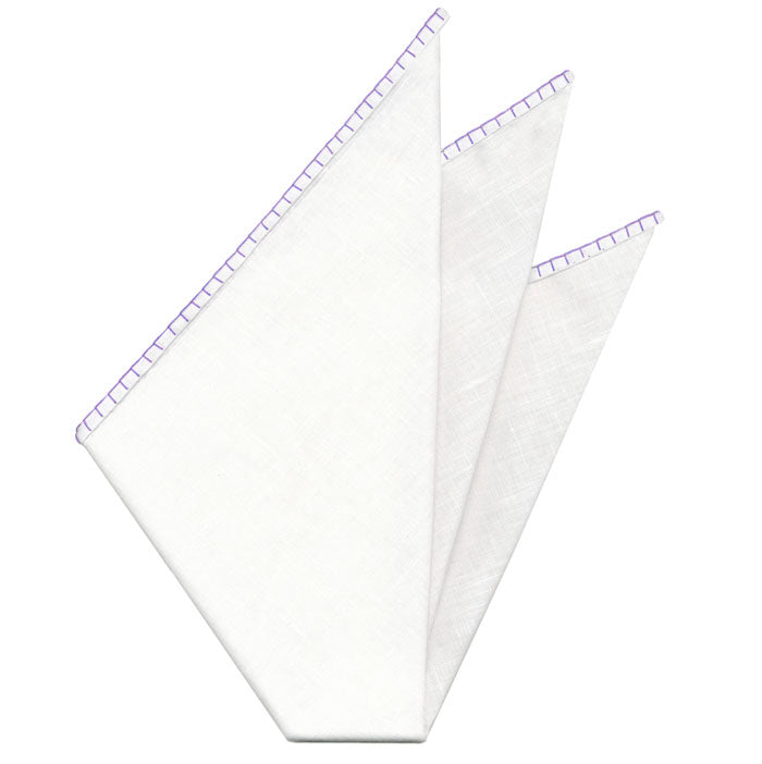 Belgian White Linen Pocket Squares with Lavender Hand Sewn Decorative Flat Edges