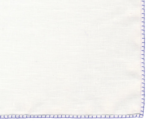 Belgian White Linen Pocket Squares with Medium Iris Hand Sewn Decorative Flat Edges