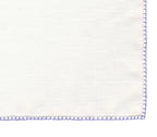 Belgian White Linen Pocket Squares with Medium Iris Hand Sewn Decorative Flat Edges