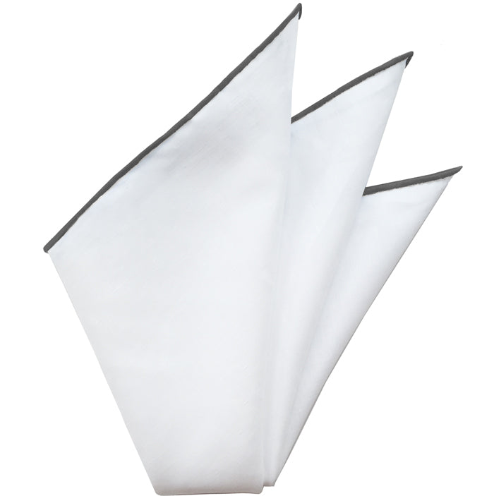 {[en]:Natural White Linen/Cotton with Gray Contrast Edges Pocket Square