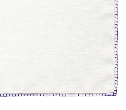 Belgian White Linen Pocket Squares with Purple Hand Sewn Decorative Flat Edges
