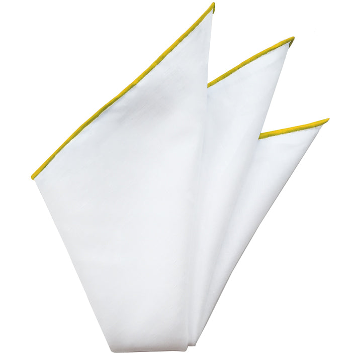 {[en]:Natural White Linen/Cotton with Yellow Contrast Edges Pocket Square