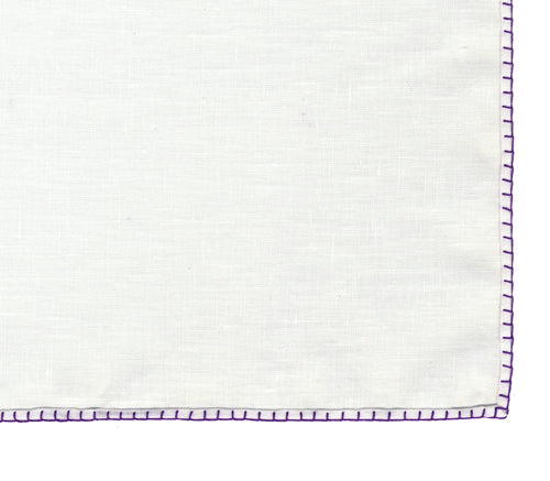 Belgian White Linen Pocket Squares with Dark Royal Purple Hand Sewn Decorative Flat Edges