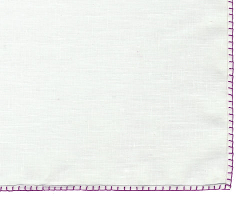 {[en]:Belgian White Linen Pocket Squares with Reddish Purple Hand Sewn Decorative Flat Edges