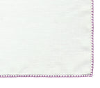 {[en]:Belgian White Linen Pocket Squares with Reddish Purple Hand Sewn Decorative Flat Edges