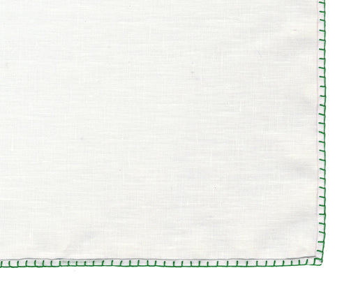 Belgian White Linen Pocket Squares with Lime Green Hand Sewn Decorative Flat Edges