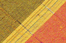 {[en]:Corn Yellow Stripe on Salmon and Dark Yellow With a Thin Metallic Silver Stripe Thai Rough Silk Pocket Square