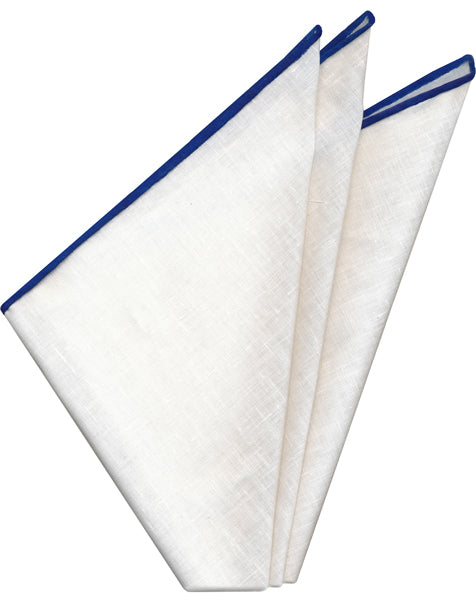White Belgian Linen Pocket Square with Navy Blue Contrast Edges
