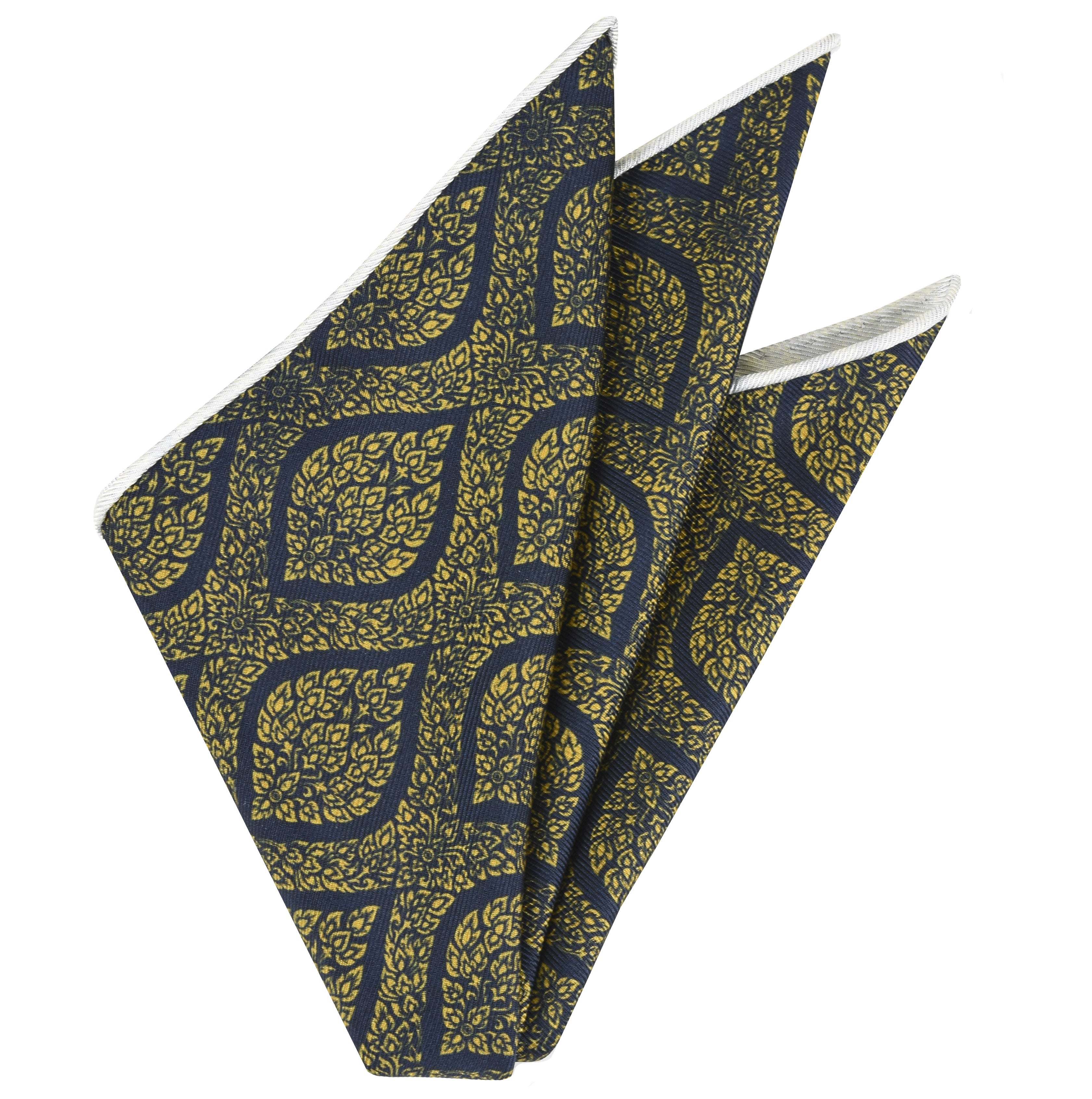{[en]:Gold/Green on Dark Navy Blue Traditional Thai Print Silk Pocket Square