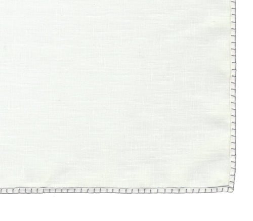 Belgian White Linen Pocket Squares with Silver Hand Sewn Decorative Flat Edges