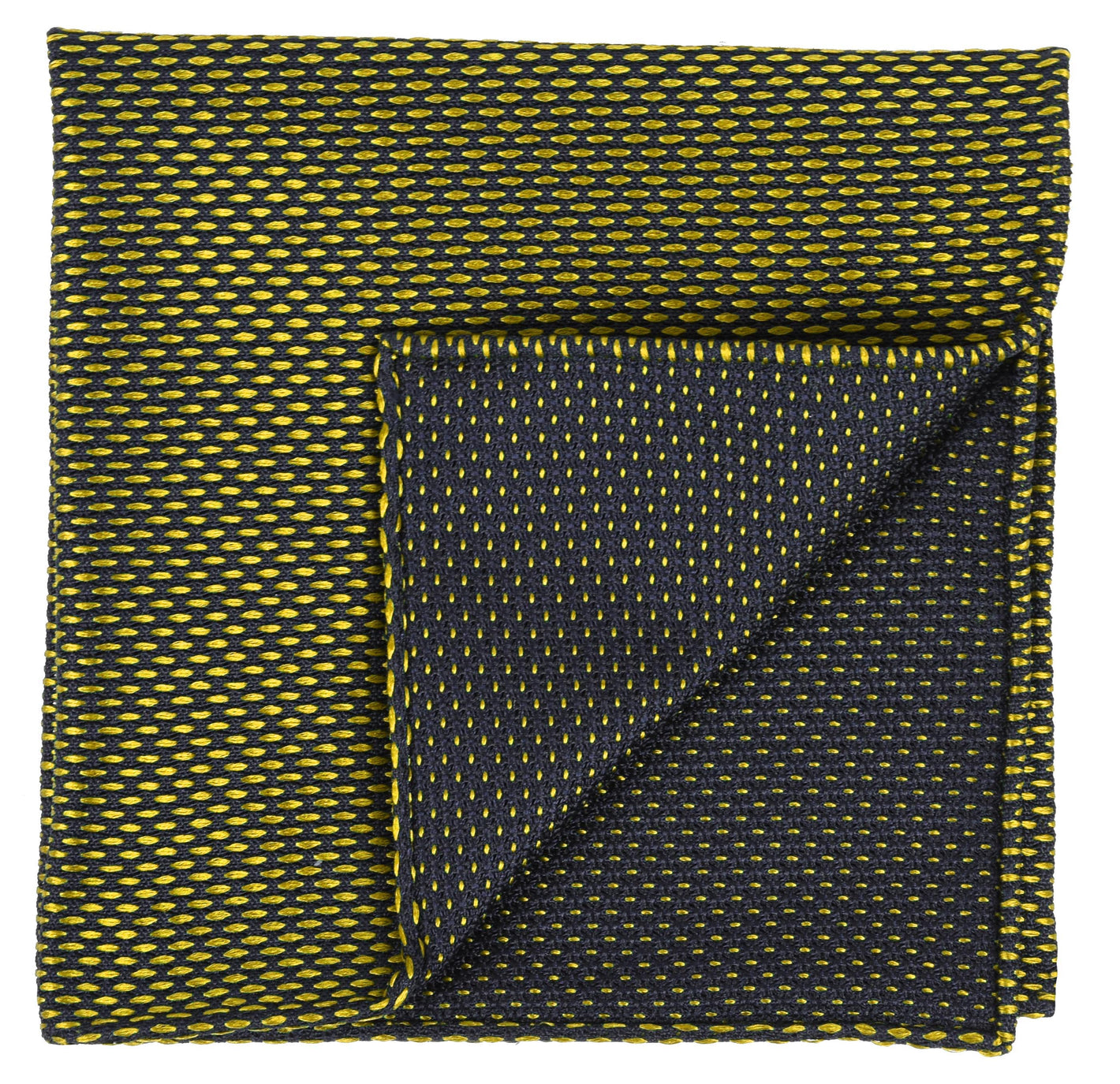 {[en]:Yellow Gold on Midnight Blue Grenadine Pin Dot Silk Pocket Square