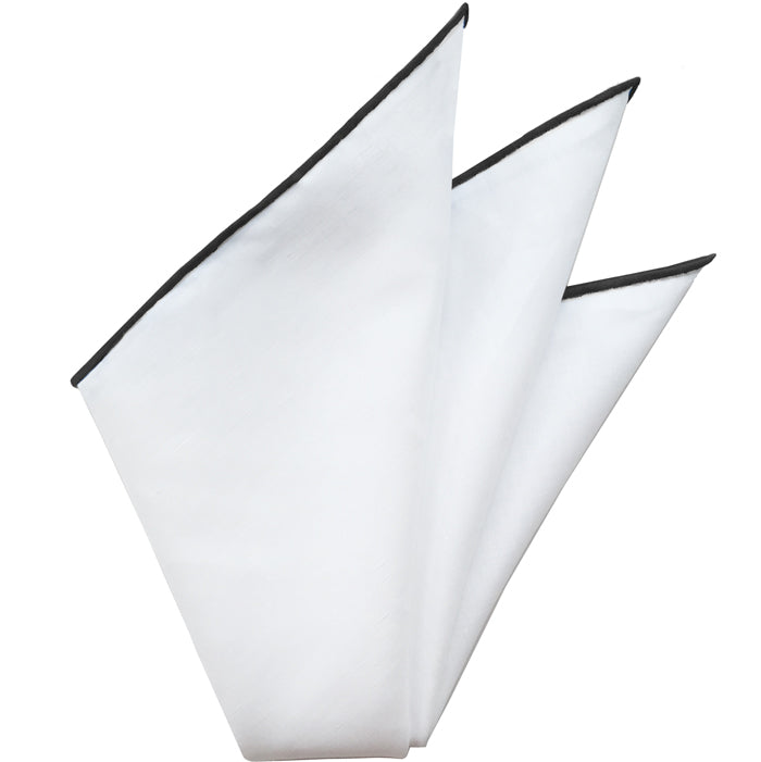 {[en]:Natural White Linen/Cotton With Black Contrast Edges Pocket Square