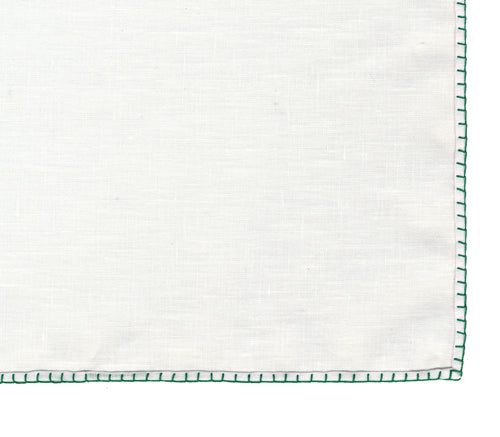 Belgian White Linen Pocket Squares with Bottle Green Hand Sewn Decorative Flat Edges