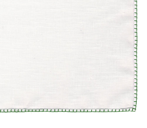 Belgian White Linen Pocket Squares with Green Hand Sewn Decorative Flat Edges
