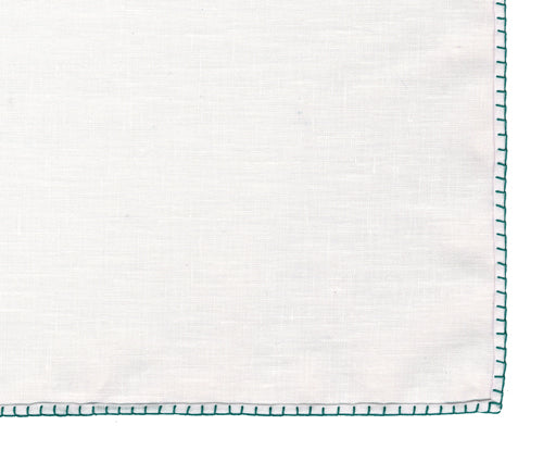Belgian White Linen Pocket Squares with Turquise Hand Sewn Decorative Flat Edges