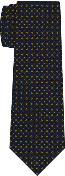 {[en]:Yellow Gold, Blue & White on Midnight Blue Macclesfield Print Silk Tie