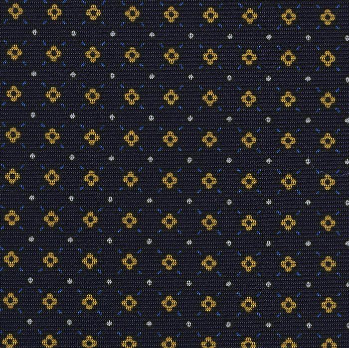 {[en]:Yellow Gold, Blue & White on Midnight Blue Macclesfield Print Silk Tie