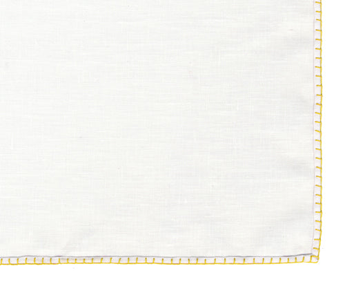 Belgian White Linen Pocket Squares with Yellow Hand Sewn Decorative Flat Edges