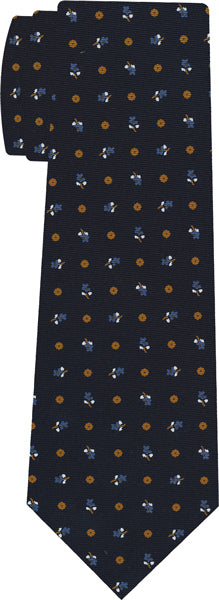 {[en]:Sky Blue, Burnt Orange & White on Dark Navy Blue Macclesfield Print Silk Tie