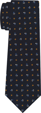 {[en]:Sky Blue, Burnt Orange & White on Dark Navy Blue Macclesfield Print Silk Tie