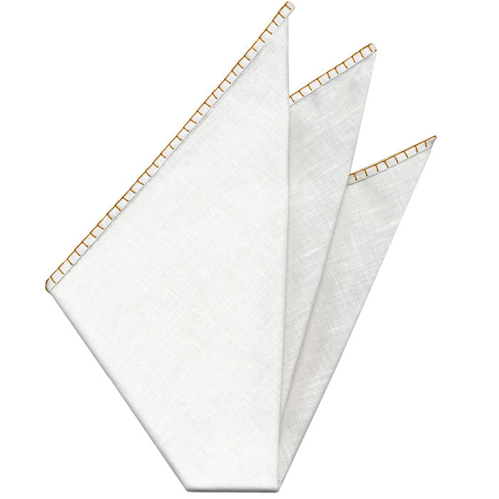 Belgian White Linen Pocket Squares with Orange Hand Sewn Decorative Flat Edges
