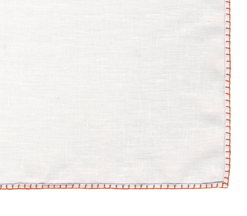 Belgian White Linen Pocket Squares with Burnt Orange Hand Sewn Decorative Flat Edges